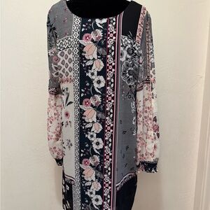 Maurices Black and Pink Floral Patchwork Long Sleeve Dress